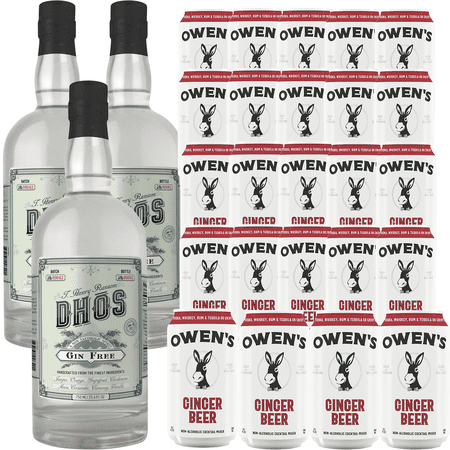 Dhōs Handcrafted Non-Alcoholic Gin 750 ML Bottles w Pack Owen’s Mixers Ginger Beer 8.2 OZ Cans - Perfect for Mocktails - A