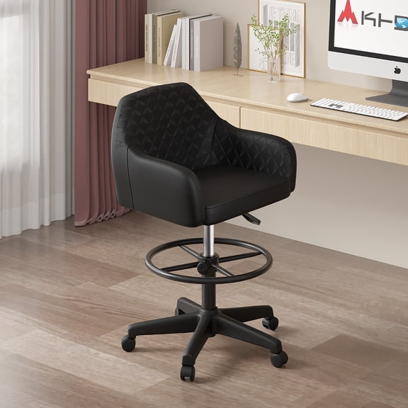 Killeryuki PU Office Desk Chair Vanity Chair Makeup Chair Armrest Swivel Chair with Wheels-Black