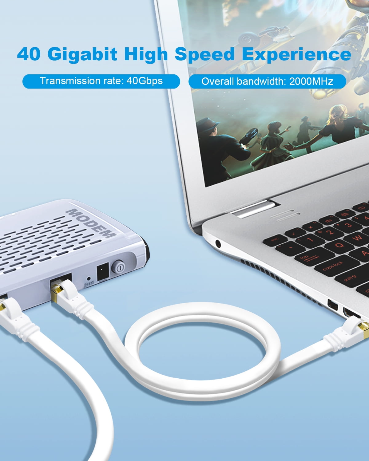 Yauhody CAT 8 Ethernet Cable, 65ft Flat High Speed 40Gbps 2000MHz SFTP 26WAG Gigabit Internet LAN Patch Cord for Gaming, Routers, Switches, PS5/4,PC (White, 65ft)
