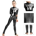 thumbnail image 3 of Girls Shiny Metallic Long Sleeve Unitard Spandex One Piece Wet Look Kid Bodysuit, 3 of 5