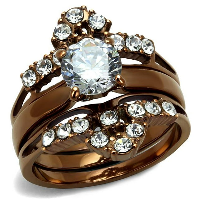 Women IP Coffee Light Stainless Steel Ring with AAA Grade CZ in Clear - Size 9
