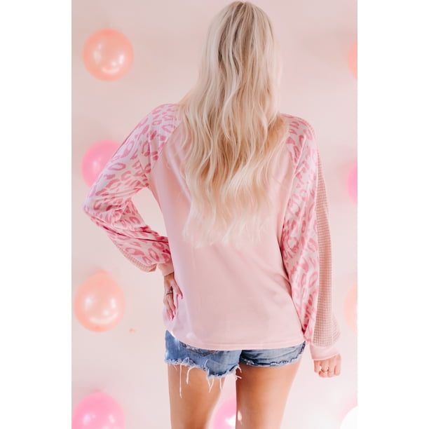 ABPHQTO Top de mujer de manga larga con empalme de gofres de leopardo rosa