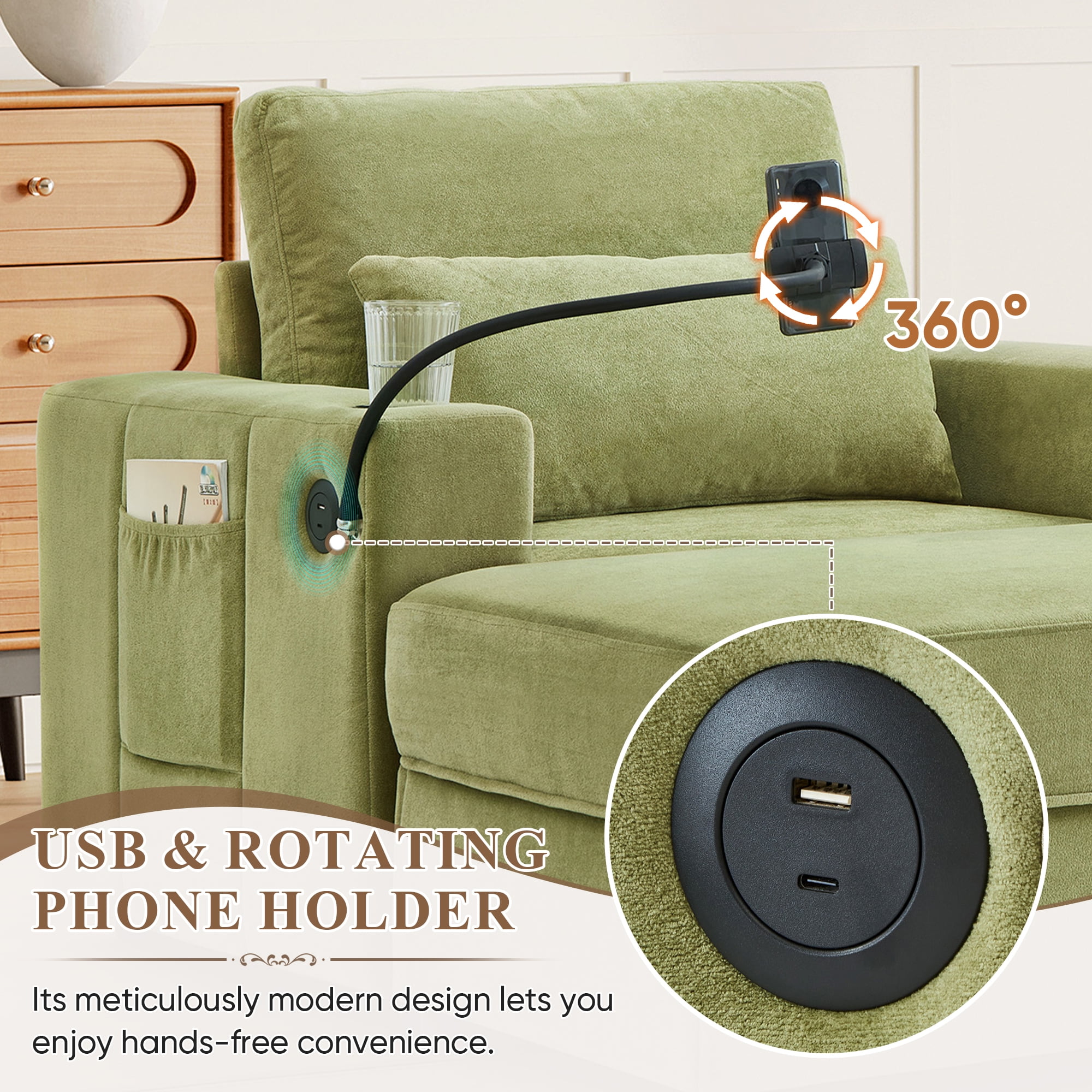 Lunale Accent Chair with Ottoman, Indoor Lounge Chair with USB & Storage, Modern Upholstered Sofa Armchair for Living Room, Bedroom, Apt., Green Chenille