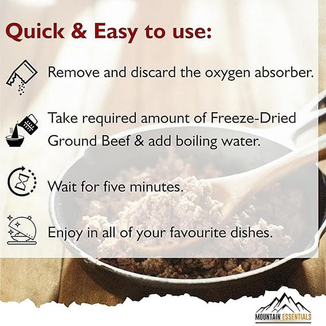 Mountain Essentials Freeze-Dried Ground Beef – Pre-Cooked Ready-to-Eat Hamburger Meat for Meal Prep, Camping, Emergency Food – 10 Servings per Pouch – Pack of 12