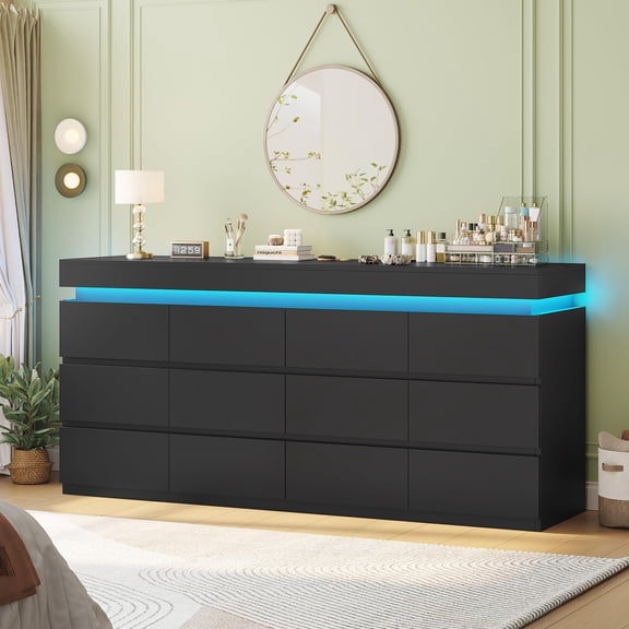 Afuhokles 12 Drawer Dresser with LED Light, Black Modern Chest of Drawers for Bedroom