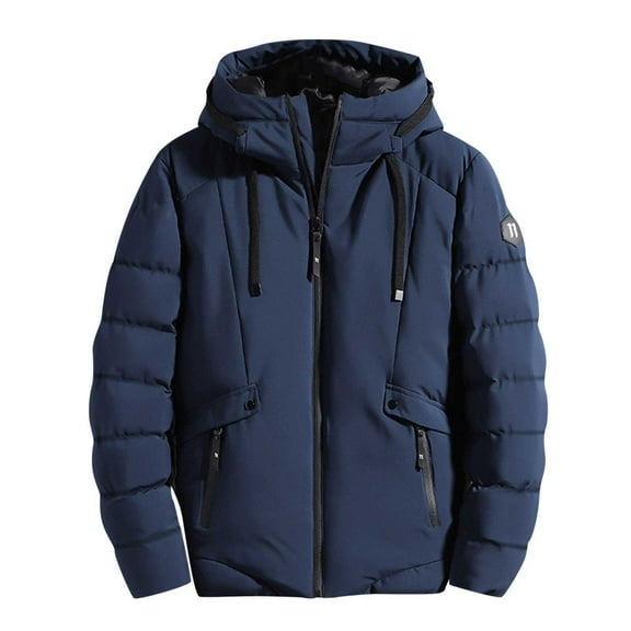 Herrnalise Men's Short Work Clothes Cotton Jacket Bread Jacket Thickened Long Sleeve Hooded Zipper Pocket Cotton Jacket Coat Blue