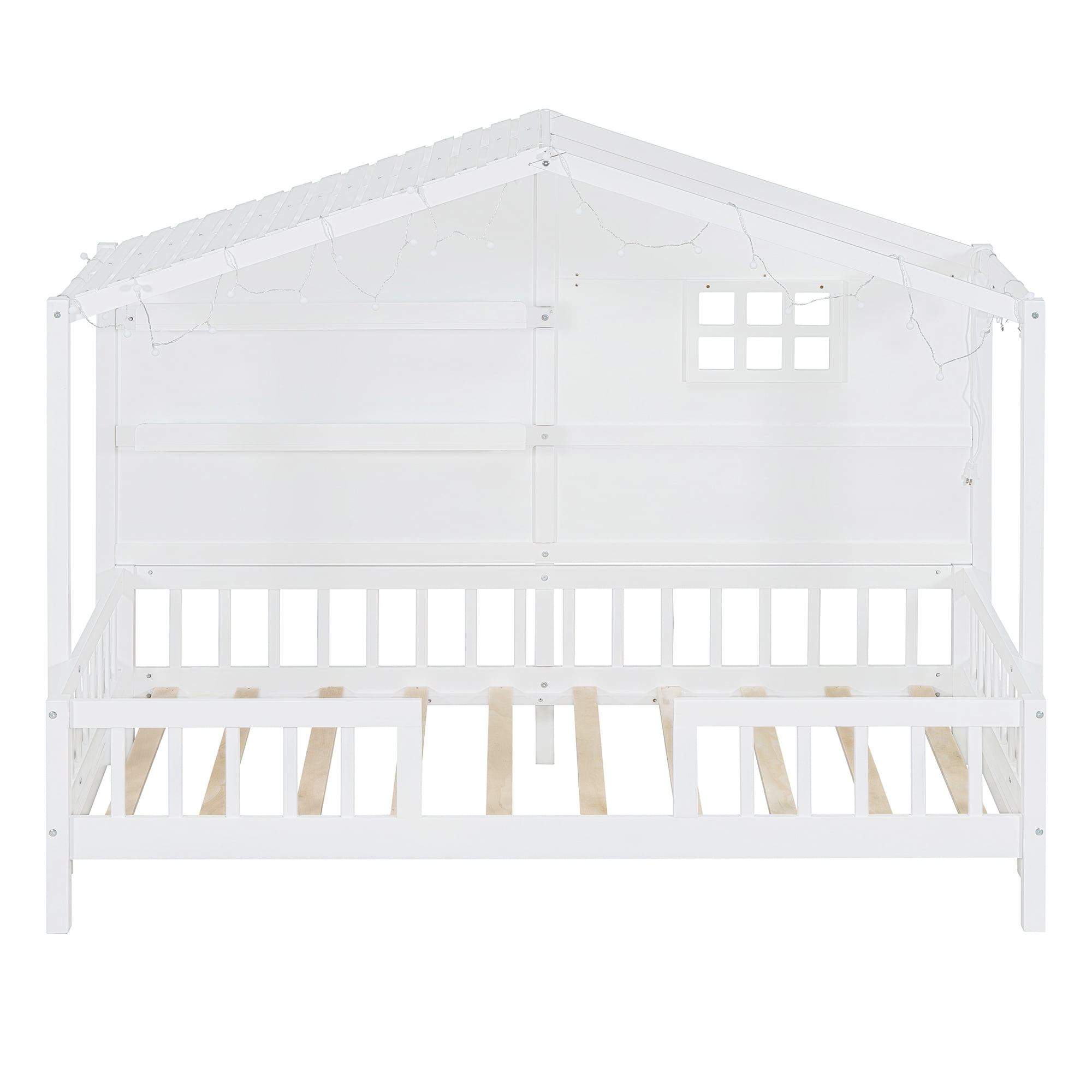 Mintazer Twin House Bed with LED String Lights & Storage Shelves, Toddler Montessori Bed Frame with Guardrails for Kids, White