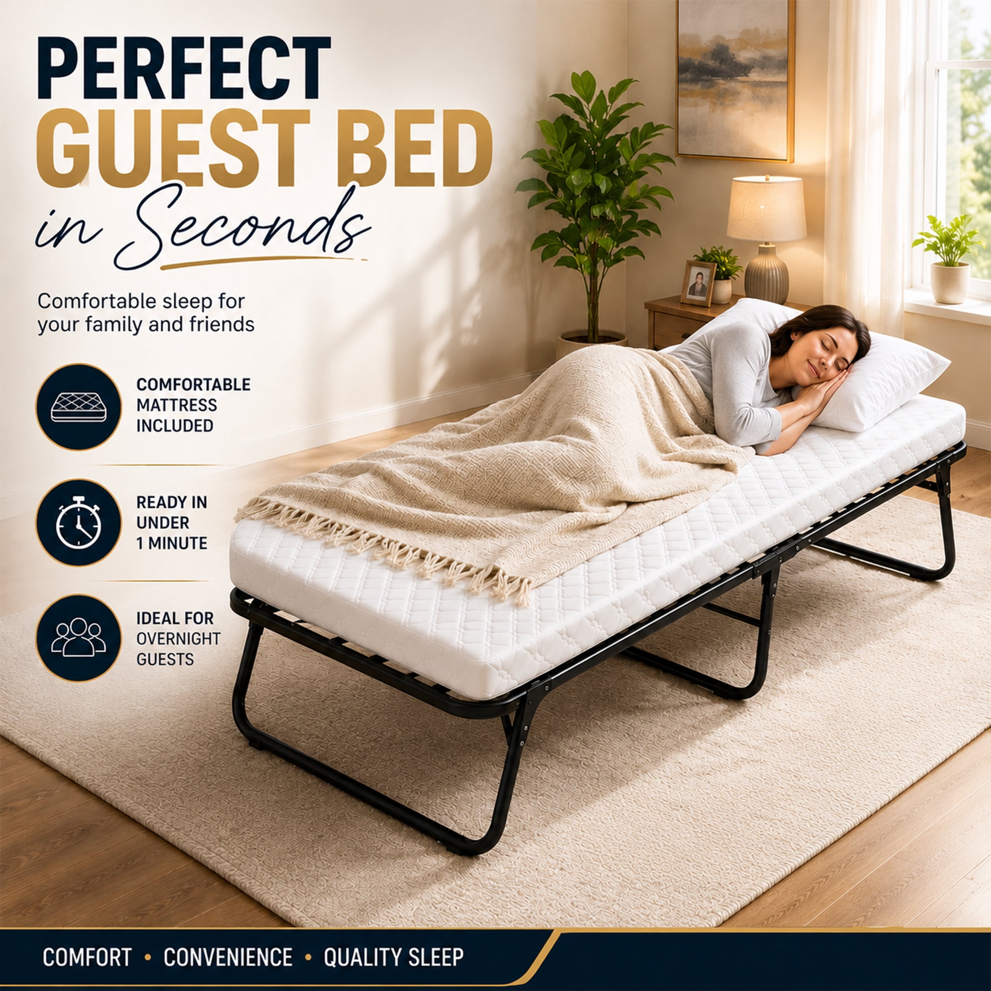Continental Sleep, 14″ High Folding Guest Bed with 3″ Memory Foam Mattress, Sturdy Metal Frame, Easy Access for Seniors, Underbed Storage, Comfortable Rollaway Bed for Guests, 26″ Wide