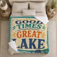 thumbnail image 5 of Lakeside Retreat Retro Lake Scene Good Times Great, Peaceful Mountain Lake Scene, Warm Flannel Blanket for Cabin and Lodge, Outdoor Lovers Camping Gift, Rustic Home Decor, 5 of 9
