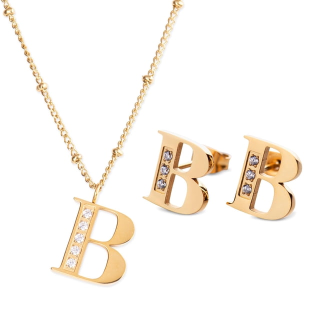 Juego Joyería Mujer, Collar Aretes Inicial Letras LuckyLy, Acero Inoxidable Baño de Oro 18k dorado UNITALLA