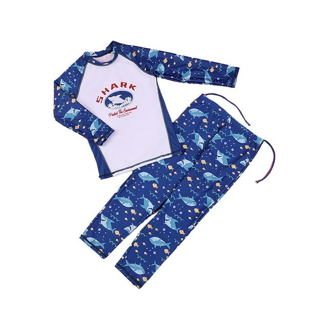 Yeahdor Boys 2 Piece Swimsuit Long Sleeve Rash Guard Shirts Top with Swim Pants Set UV Protection Navy Blue Shark 18
