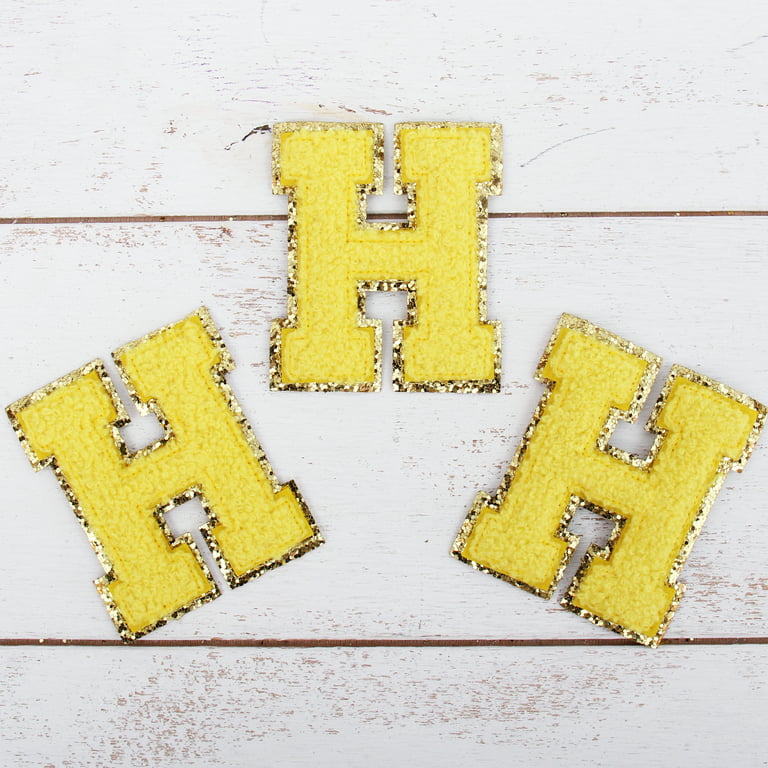 26 Letter Set Chenille Iron On Glitter Varsity Letter Patches - Yellow  Chenille Fabric With Gold Glitter Trim - Sew or Iron on - 8 cm Tall