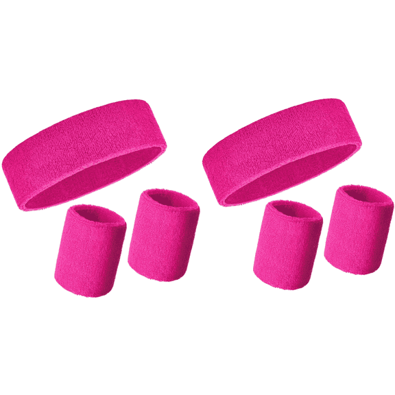 6-Piece Sports Sweatband Set (2 Headbands 4 Wristbands) - Striped Neon Athletic Sweat Bands for Men & Women | Retro Hot Pink Gym Running Gear