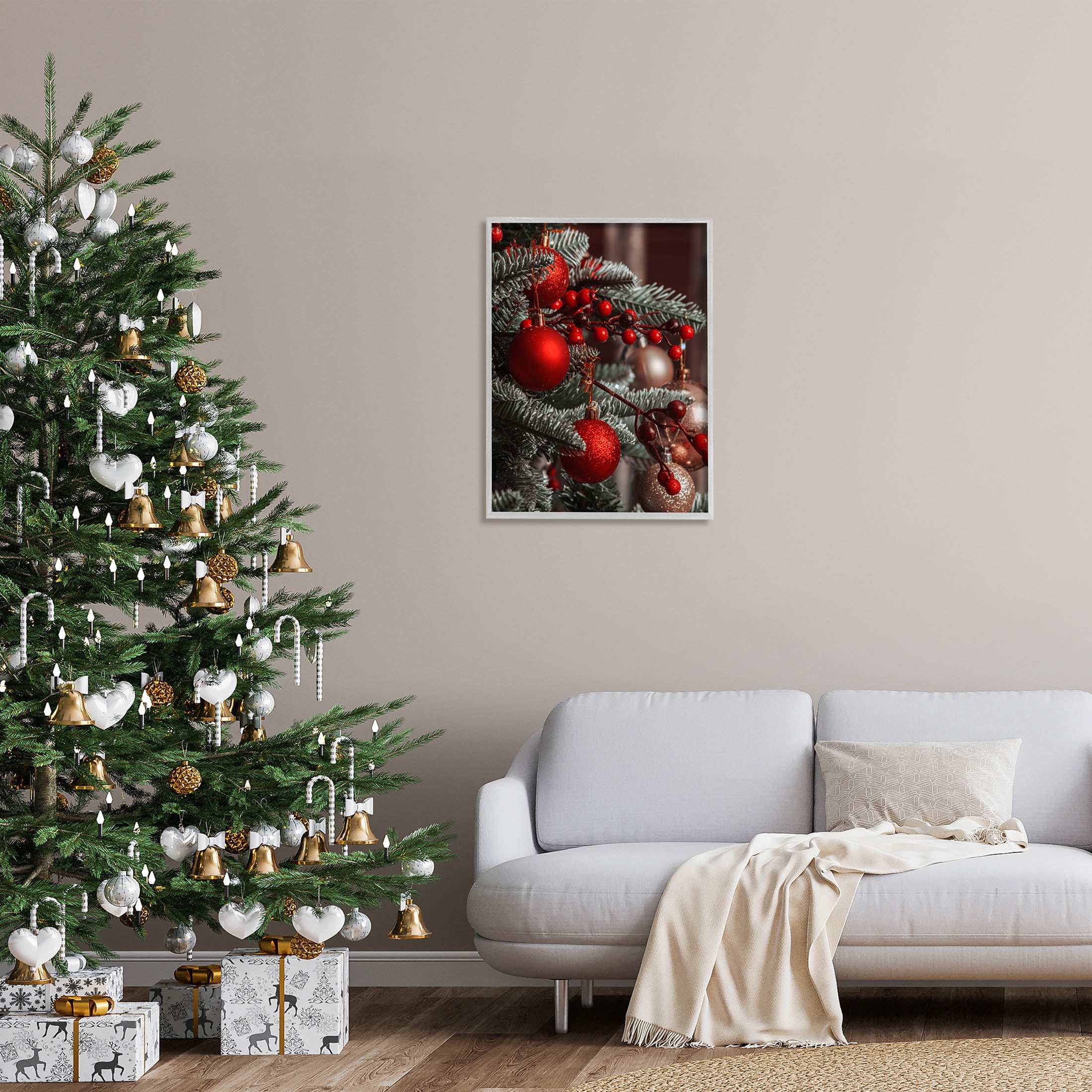Hanging Red Ornaments Christmas Tree Holiday Photograph Gray Framed Art Print Wall Art