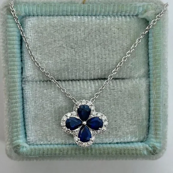 2Ct Pear Cut Lab-Created Sapphire Women's Flower Pendant Necklace 14k White Gold Plated