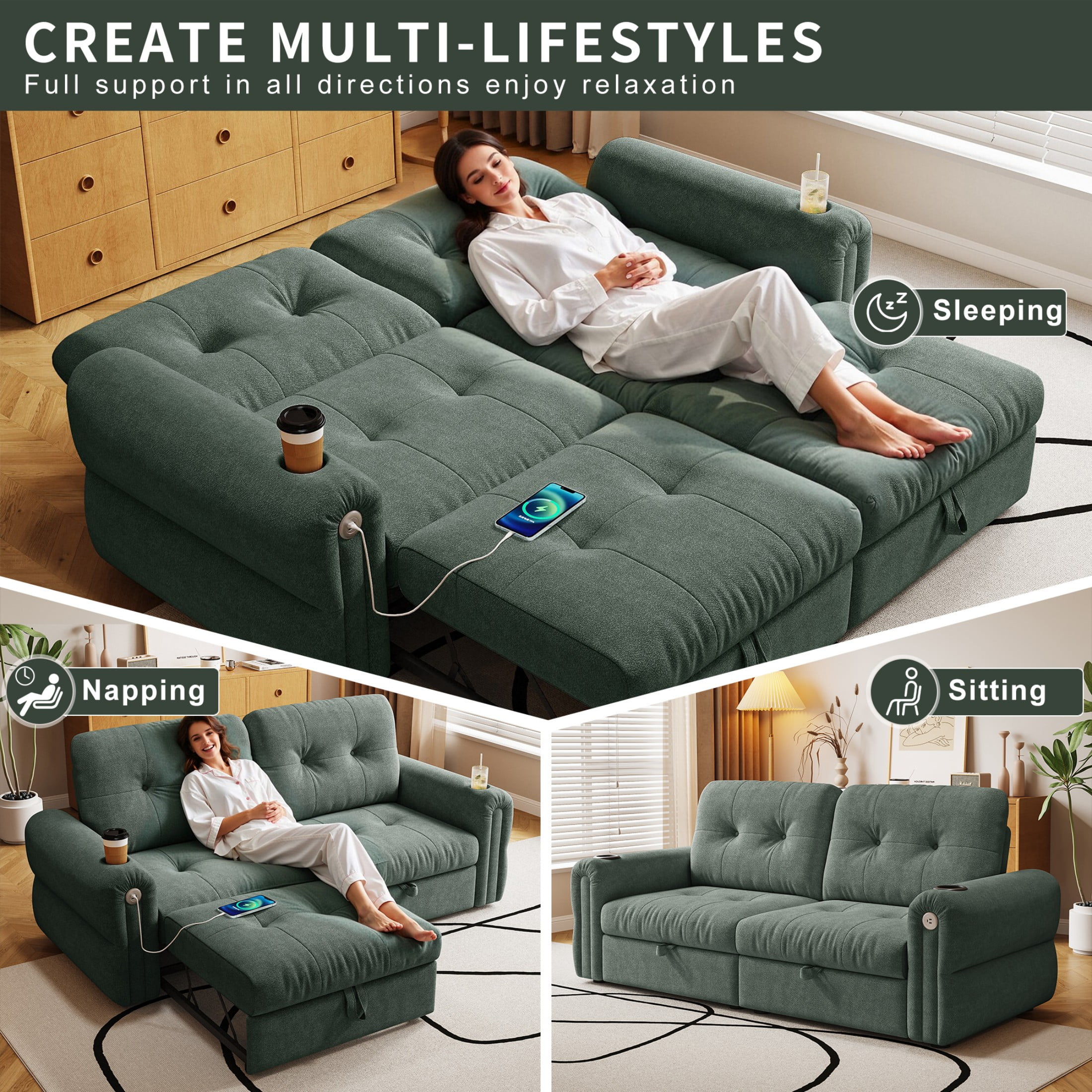 77" Queen Size Sofa Bed, Loveseat Sleeper Sofa with Pull Out Bed and USB, 2 Seater Convertible Small Couch for Living Room Bedroom Apartment (Green, Chenille)