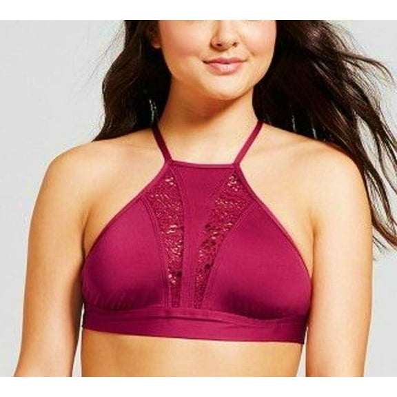 Mossimo Deep Red Burgundy High Neck Halter Crochet Bikini Top Swimwear XL