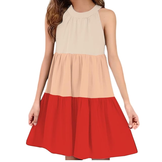 Robe d'Été Sans Manches à Empiècements pour Filles, Robe d'Été Décontractée à Col Rond à Étages en Doux Mélange Polyester-Spandex, Brun 110