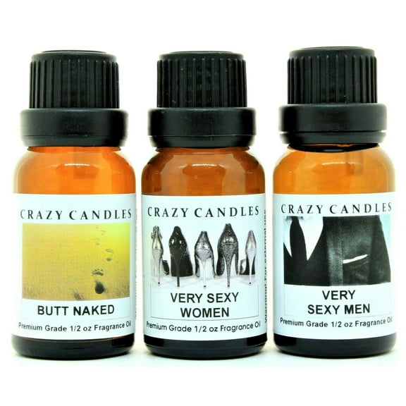 Crazy Candles 3 Bottle Set: 1 Butt Naked, 1 Very Sexy Men, 1 Very Sexy Women 1/2 Fl Oz Each (15ml) Premium Grade Scented Fragrance Oil