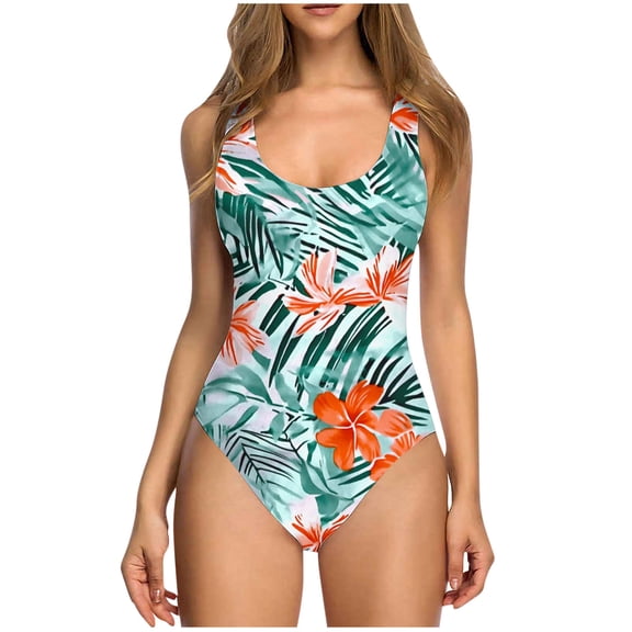 CLOISE Swimsuit Women One Piece Cute Swimwear Full Coverage Flowers Bathing Suit Backless Hawaiian Beachwear Green L