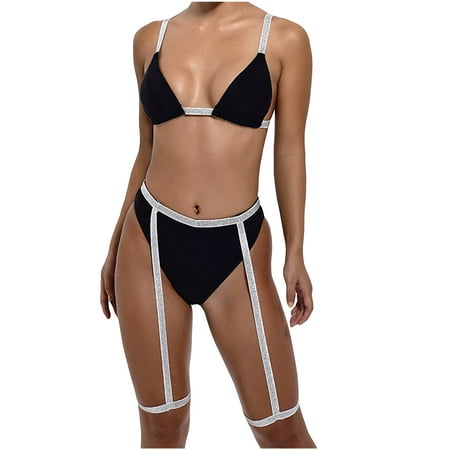LONKITO Bikini Sets for Women Sexy Swimwear Shiny Ribbon Two-Piece Swimsuit Swimming Beachwear Black L