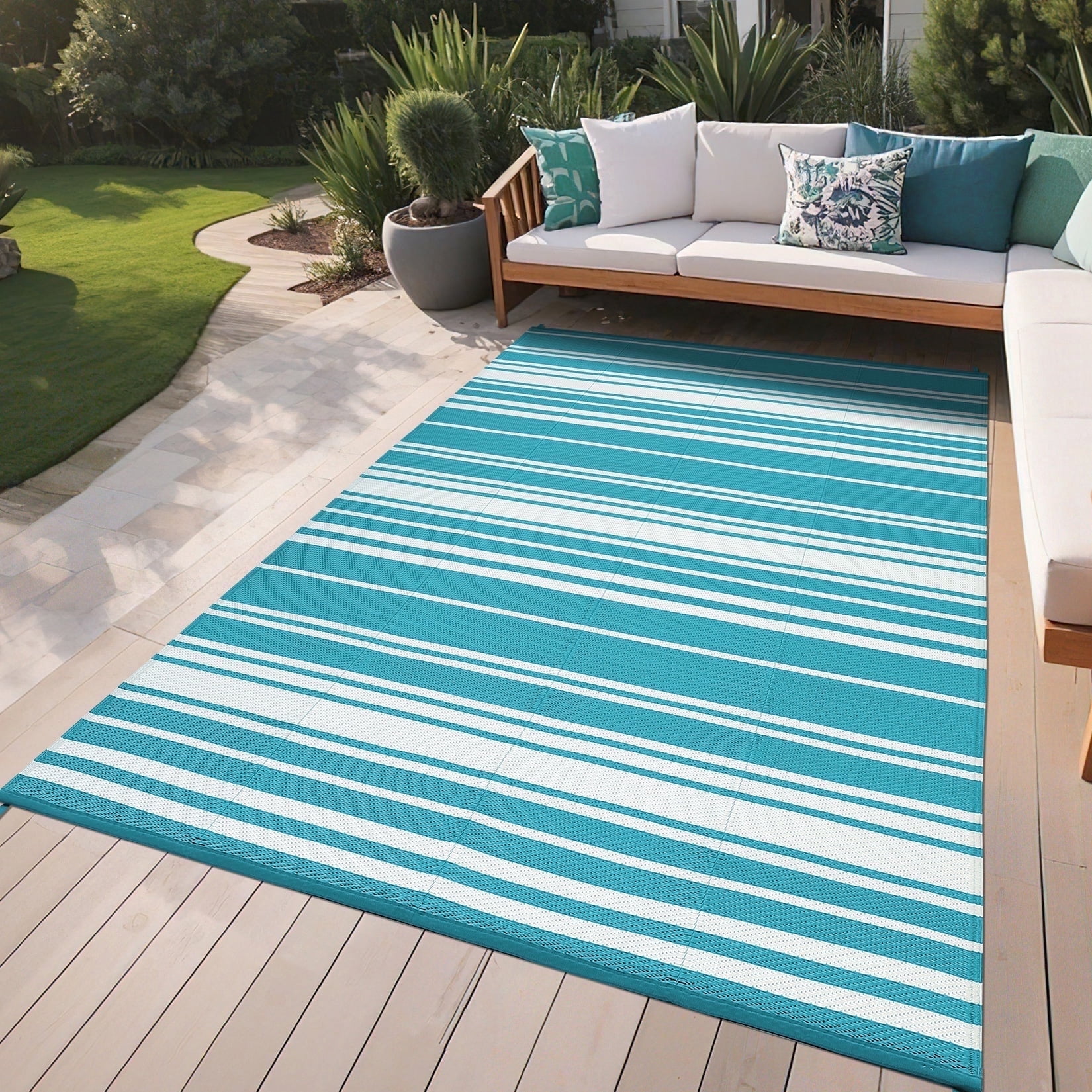 Twister.CK Outdoor Rug 8' x 10' Waterproof Patio Rug, Reversible Plastic Outside Carpet, Striped Camping Straw Rugs, for RV Camping Deck Balcony Backyard, Light Blue
