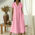 thumbnail image 2 of Laqbezok Women's Casual V-Neck Long Dress, Short Sleeve Solid Color Loose A-Line Gown, Soft Breathable Summer Dress with Side Pockets, 2 of 8