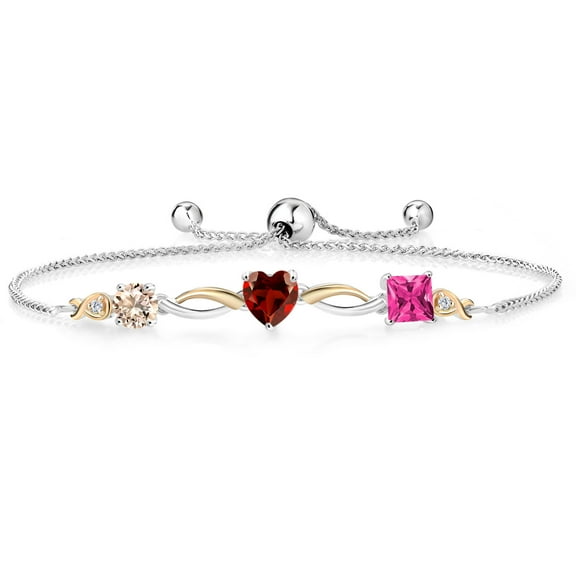 Gem Stone King Keren Hanan 2.20 Ct Round Peach Morganite Red Garnet 925 Silver and 10K Yellow Gold Lab Grown Diamond Bracelet for Women