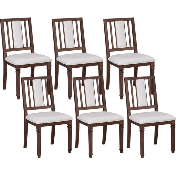 WAMPAT Set of 6 Vintage Mid-Century Dining Chairs, Solid Wood Frame, Beige Fabric Upholstery, Thick Padded Seat, High Back, Farmhouse Rustic, Dark Walnut Brown