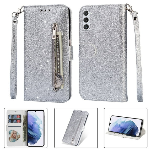 TECH CIRCLE for Samsung Galaxy S24 Case, Zipper Wallet Pocket Luxury Glitter Flip Kickstand Magnetic Card Slots Wrist Strap Protective Cover for Samsung Galaxy S24 Case 6.1" 2024,Silver