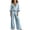 01 Blue, variant on Women's Dressy Linen 2 Piece Outfits - Long Sleeve V Neck Top with Wide Leg Pants Elegant Business Casual Sets