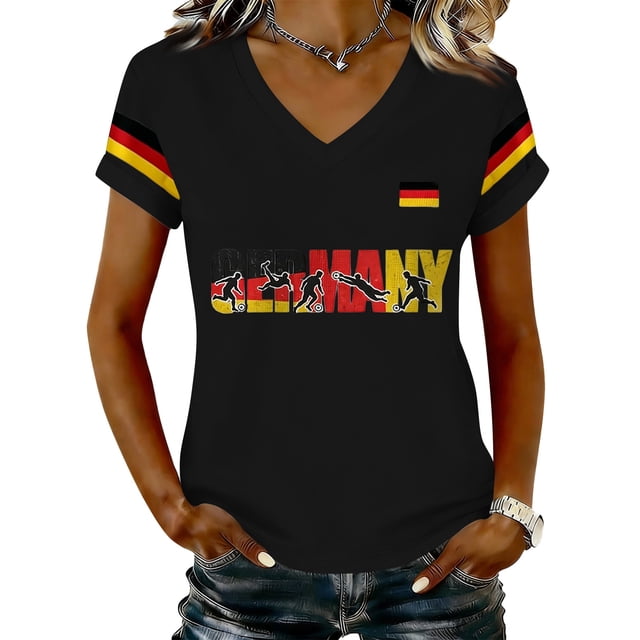 Women's Germany Football Graphic T-Shirt, V-Neck Casual Letter Print T-Shirt, Fashion Short Sleeve Graphic Tee, Summer Daily Lightweight Tops for Soccer Tournament 2026 Black Size: S