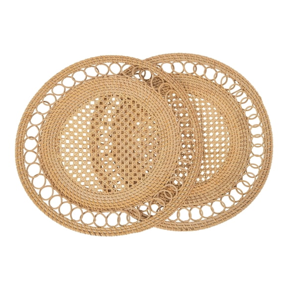 KOUBOO Round Rattan Decorative Placemats, Boho Flower Table Mat Heat Resistant, Braided Tablemats for Dine Room Table, Home Decor, Natural Color, 15 In (Set of 2 pc)