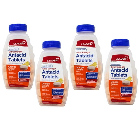 Leader Extra Strength Antacid 750 mg Chewable Tablets Orange Cream Sugar Free 90 Count - 4 Pack