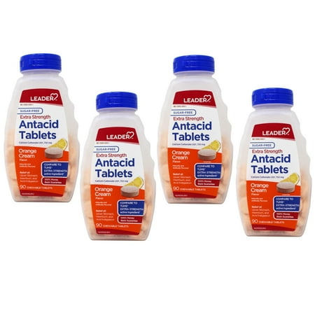 Leader Extra Strength Antacid 750 mg Chewable Tablets Orange Cream Sugar Free 90 Count - 4 Pack
