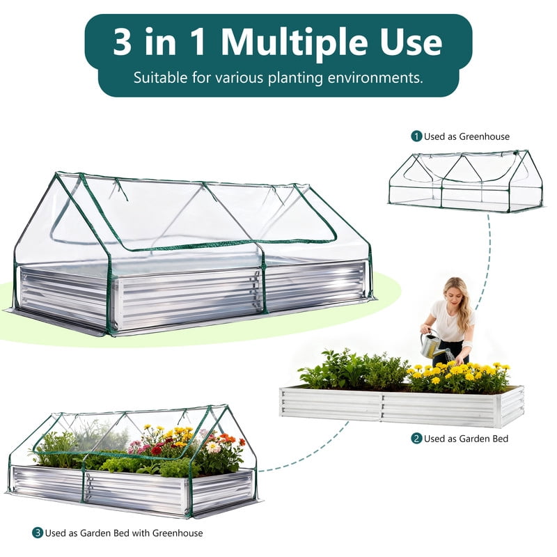 Gianna 8x4x1ft Galvanized Raised Garden Bed with Cover, Planter Box Outdoor for Deep-Rooted Herbs/Flowers/Vegetables, Large Metal Garden Bed Mini Greenhouse for Patio and Backyard