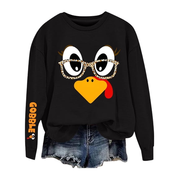 Luwomo Women's Sweatshirts Long Sleeve Crewneck Thanksgiving Turkey Print Funny Gobble Turkey Sweatshirt Gifts,Black,L