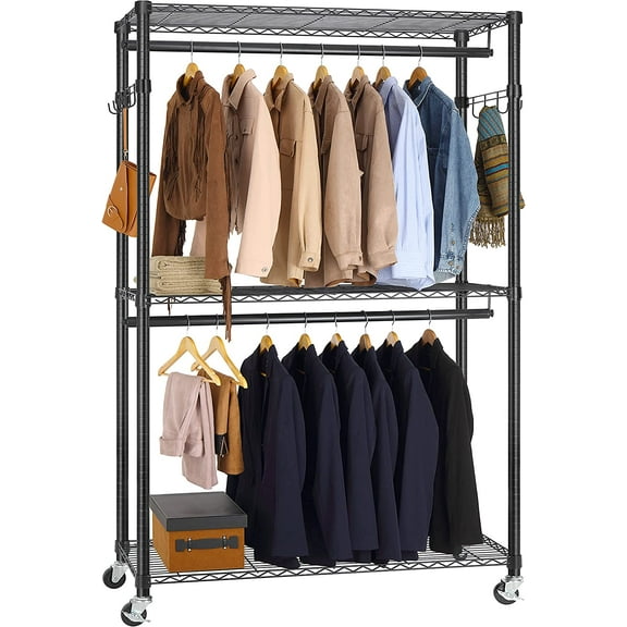 Finnhomy Metal Clothes Rack for Hanging Clothes Heavy Duty Garment Rack with 3-Tier Shelves/ Double Hanging Rods/ Lockable Wheels, Portable Closet Storage Rack Freestanding Wardrobe Closet Organizer
