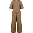 thumbnail image 4 of 2 Piece Cotton Linen Outfits for Women Summer Half Sleeve Wide Leg Long Pants Lounge Solid Color Set with Pockets, 4 of 6