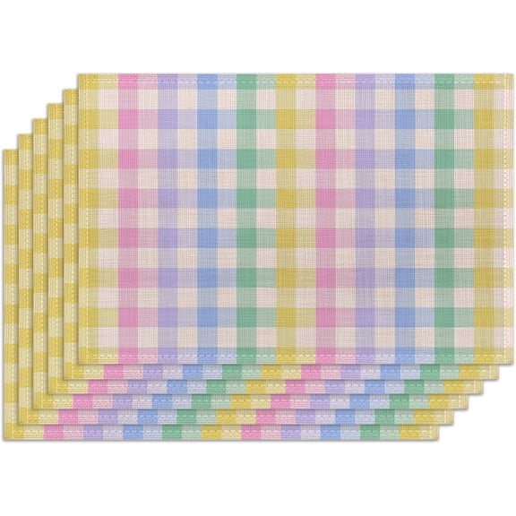 Dinner Placemats Set of 6,Colored Plaid Fabric Heat Resistant Placemats,Washable Easter Rainbow Check Table Mats for Dining Room Table Decor Home Restaurant Cafes Holiday Party 12x18 Inch