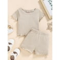 thumbnail image 2 of Qmyliery Little Girl's Two Pieces Clothes Outfit, Round Neck Short Sleeve Ribbed Solid Color T-Shirt + Shorts, 2 of 8