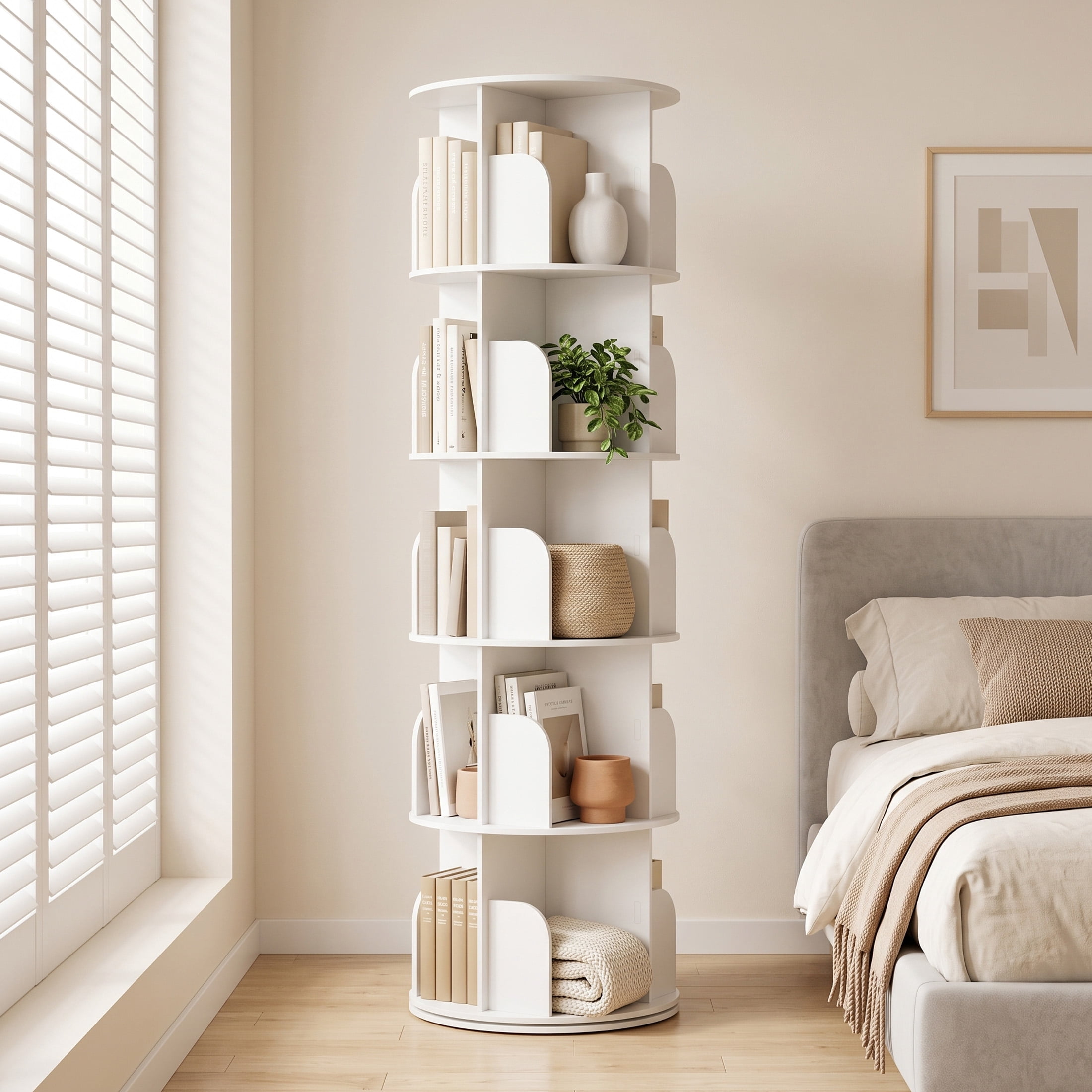 Gianna 5 Tier Rotating Bookshelf, 360 Display Floor Standing Bookcase Storage Rack, White