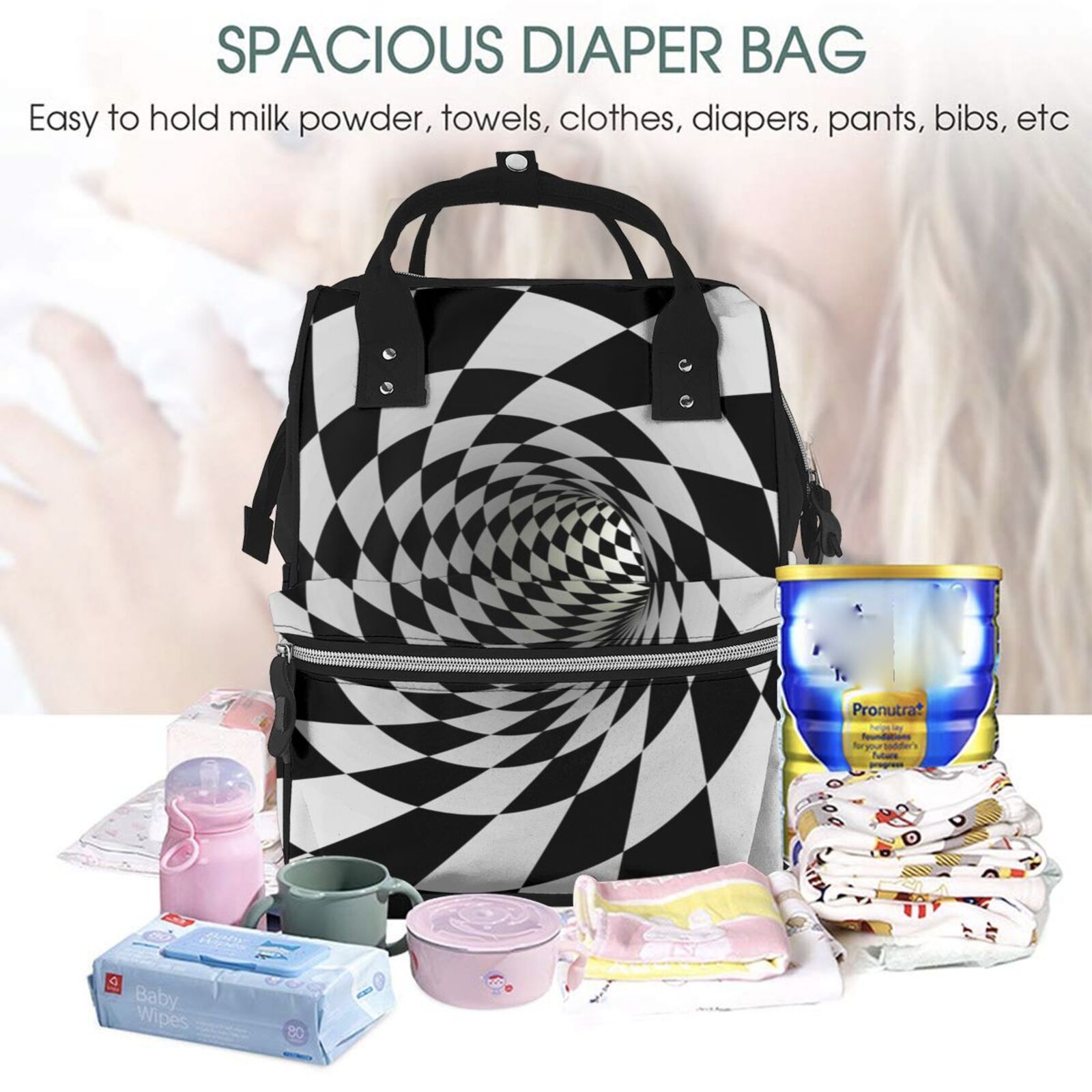 Ratiio 3D Vortex Illusion Mummy Backpack - Waterproof Twill Canvas, Large Capacity Diaper Bag with Multiple Pockets and Adjustable Straps