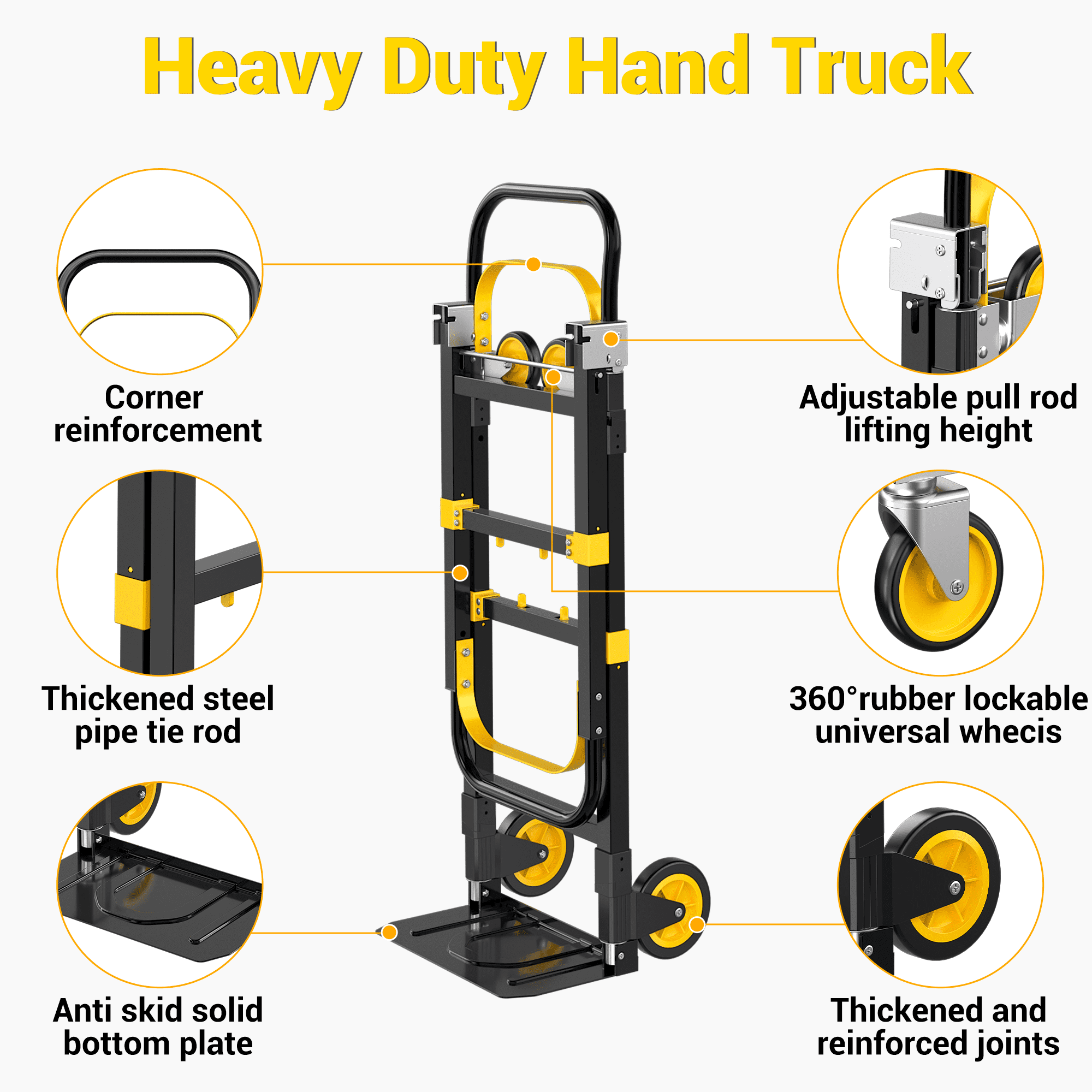 Gewna 2 in 1 Folding Hand Truck with Retractable Handle and 4 Rubber Wheels, Heavy Duty Dolly Cart 600lbs Load Capacity for Moving,Travel,Office Use