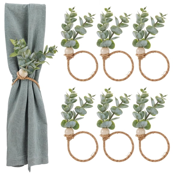 Napkin Rings Set of 6, Rustic Farmhouse Boho Green Leaf Eucalyptus Wood Bead Napkin Rings
