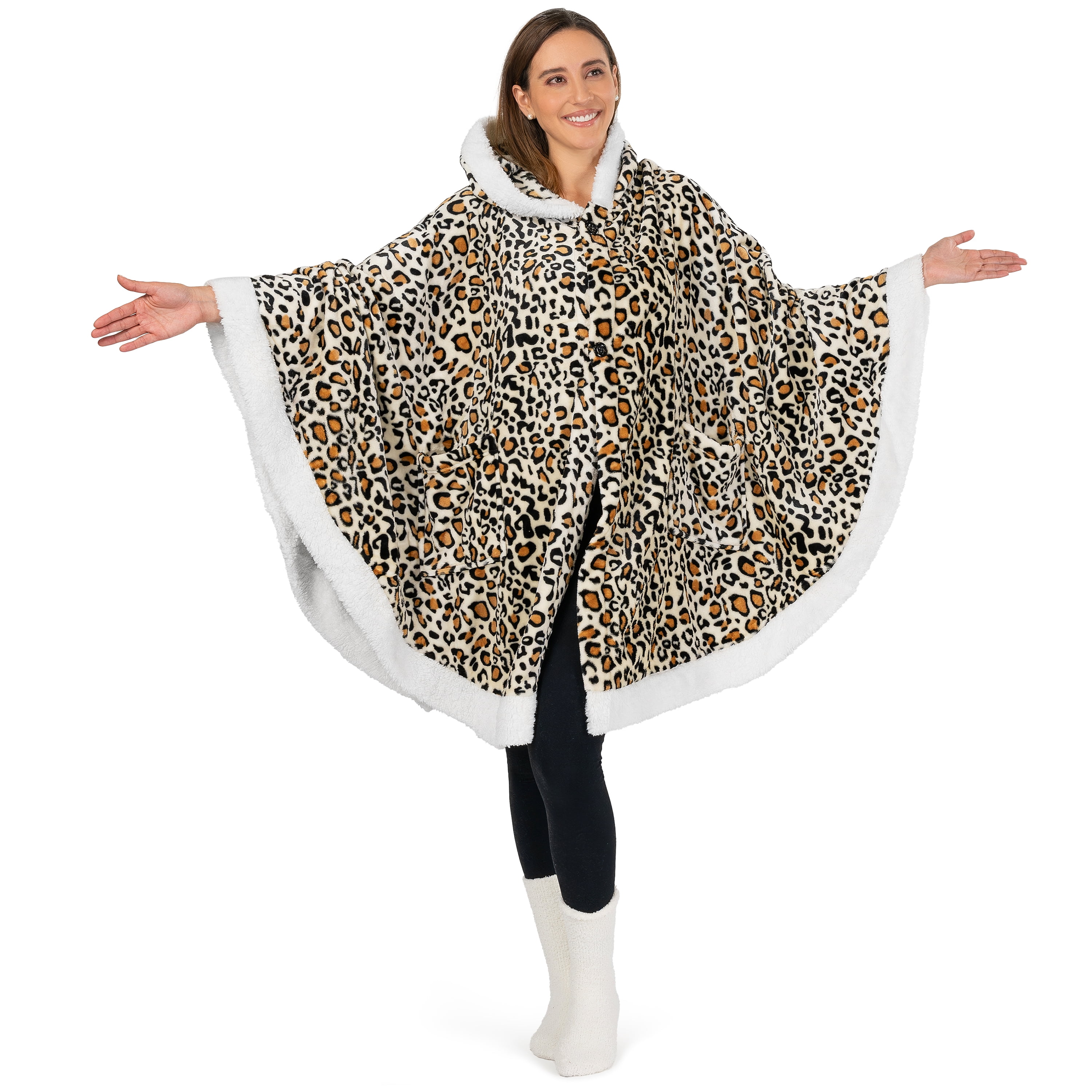 PAVILIA Sherpa Fleece Wearable Blanket for Adult Women, Cozy Plush Blanket Poncho Cape with Hood, Super Soft Shawl, Angel Wrap Throw for Office, Cheetah Yellow