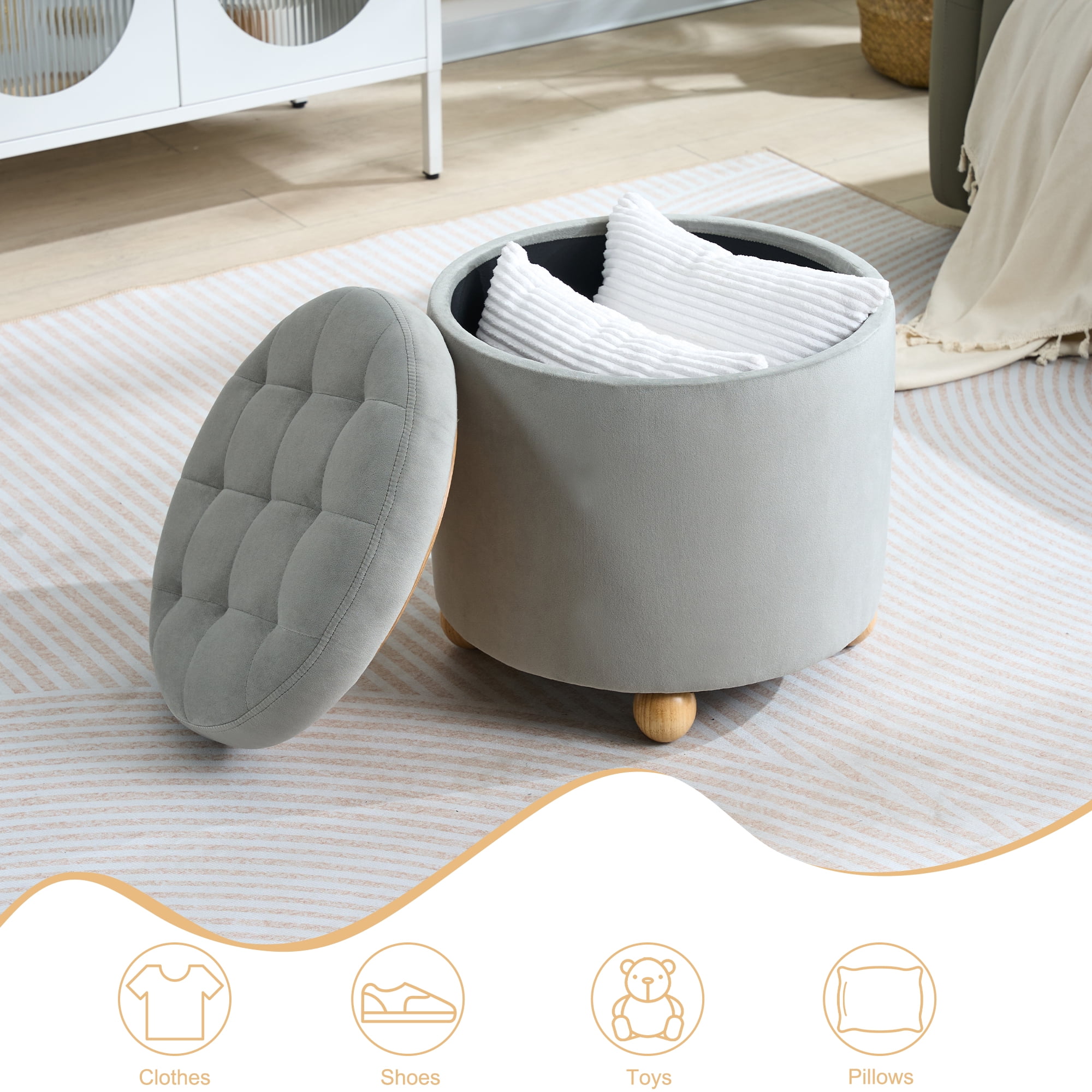 CoVibrant Modern Round Velvet Storage Ottoman with Reversible Tray Lid, Tufted Upholstered Footrest Stool with Wooden Legs
