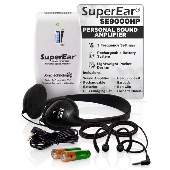 Open Box SuperEar Rechargeable Personal Sound Amplification Product SE9000HP Complete System with Headphones and Earbud Increases Sound 50dB, 3 Tone Frequency Selection with HogoR Cleaning Cloth