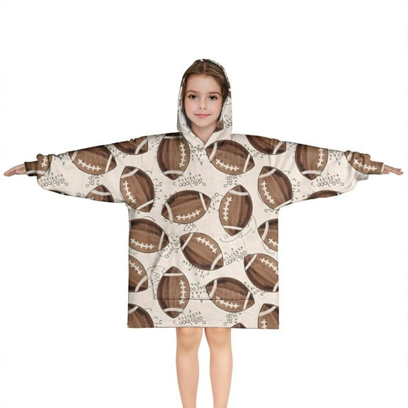 Brown Footballs on Beige Pattern Blanket Hoodies for Kids 6-13YR Oversize Wearable Blanket Hoodies for Boys Girls Teens