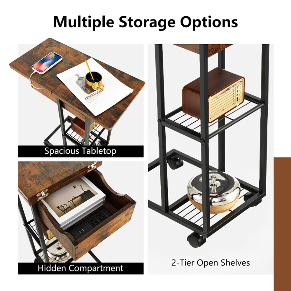 Finihen End Table, C-Shaped End Side Table with Charging Station and Wheels, Sofa Side Table, Bed Side Table, for Living Room, Bedroom, Rustic Brown Finihen End Table, C-Shaped End Side Table with Charging Station and Wheels, Sofa Side Table, Bed Side Table, for Living Room, Bedroom, Rustic Brown